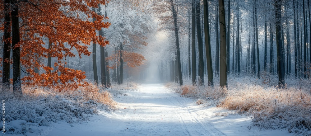 Poster a snowy path winds through a misty forest, sunlight breaks through the canopy, illuminating the path