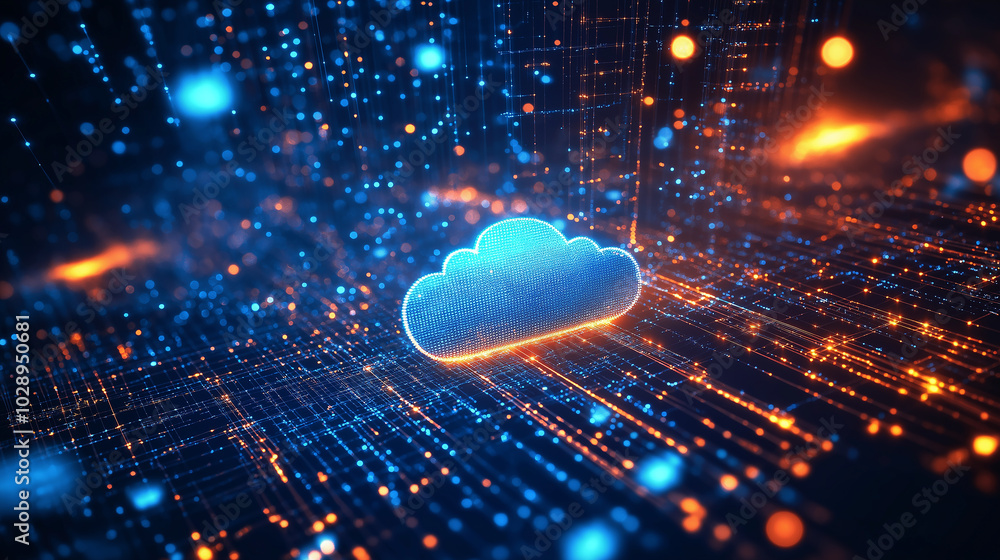 Poster cloud computing:digital informational technology web futuristic hologram with cloud icon, golden blu