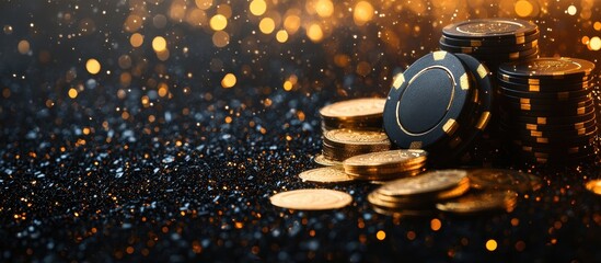 Luxurious Casino Chips and Gold Coins on Glittering Surface with Bokeh Lights in Background