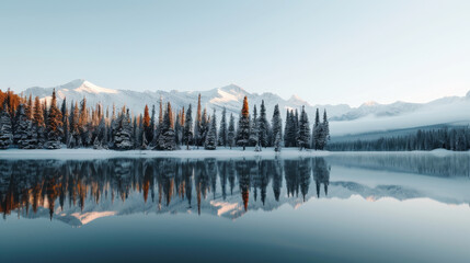 serene winter landscape featuring ice covered lakes reflecting snow capped mountains and evergreen trees. tranquil scene evokes sense of peace and beauty in nature
