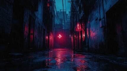 Fototapeta premium Dark street in cyberpunk city, gloomy alley with neon lighting