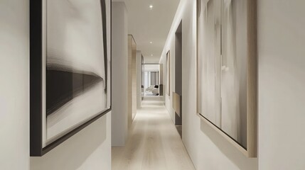 A long hallway with white walls and wooden floors, decorated with abstract paintings.