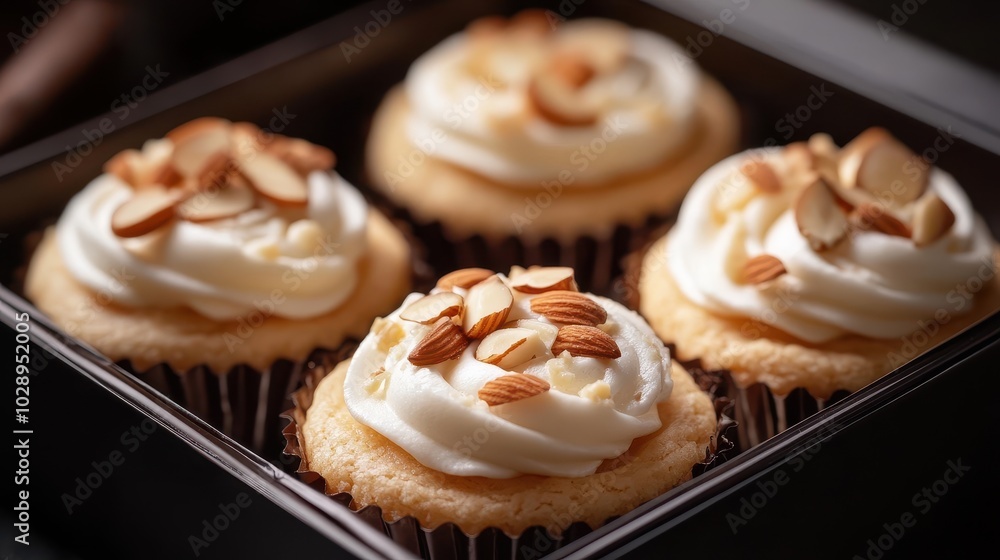 Wall mural delicious almond cupcakes topped with creamy frosting in a black box showcasing sweet dessert artist