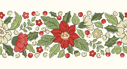 Nostalgic poinsettia and holly garland vector seamless horizontal border. Floral Christmas Pattern. Festive Victorian evergreen design with hand-drawn vintage winter holiday foliage and berries