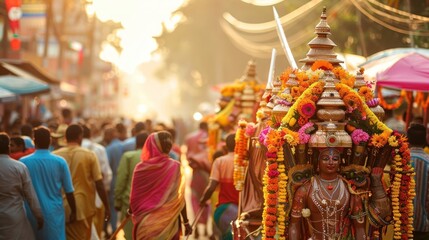 Fototapeta premium Devotees gather in a lively street to celebrate the Ratha Yatra engaging in a colorful procession with a beautifully adorned chariot surrounded by vibrant decorations and a festive atmosphere