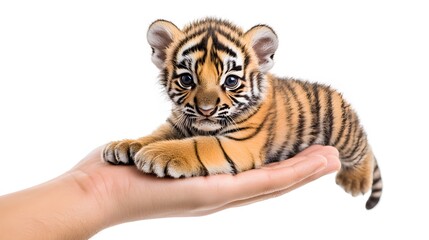 Obraz premium Cute Miniature Tiger Cub in Palm and Fingertip, Photo Realistic, Texture, Pattern Background, Wallpaper, Cover and Screen for Smartphone, PC, Laptop, 9:16 and 16:9 Format