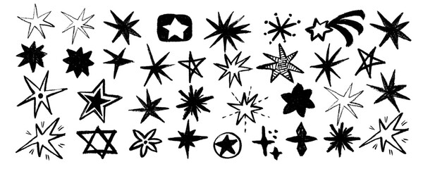 Set stars  doodle style drawn by hand charcoal. Grunge scrawls, charcoal scribbles, rough brush strokes. Bold charcoal freehand stars. Crayon   scribbles and graffiti elements