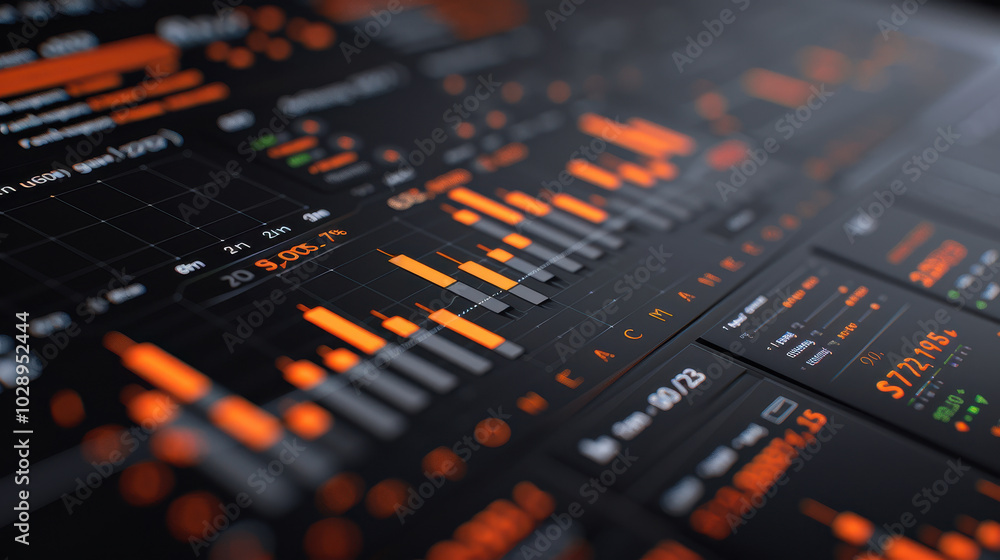 Poster modern digital finance dashboard with futuristic graphs and data visualizations, showcasing financia