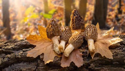 Morel Mushrooms on Tree Bark