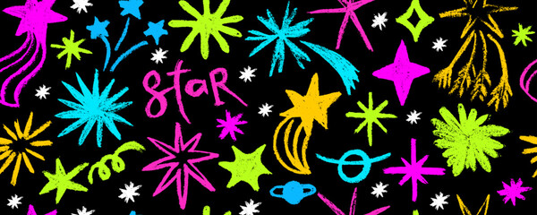 Seamless pattern design with doodle colorful  stars and comets. Hand drawn charcoal doodle magic stars. Childish style of meteoroid, comet and asteroid. 