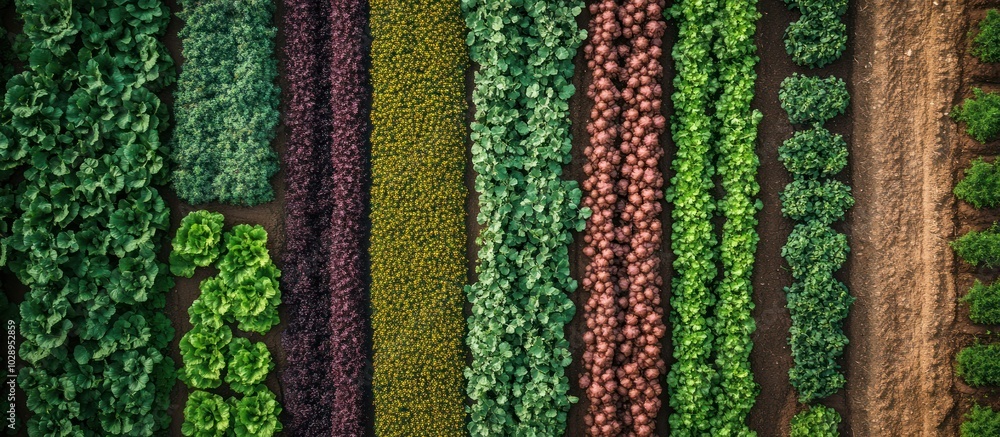 Poster aerial view of a field with rows of different crops, including lettuce, kale, and beets.