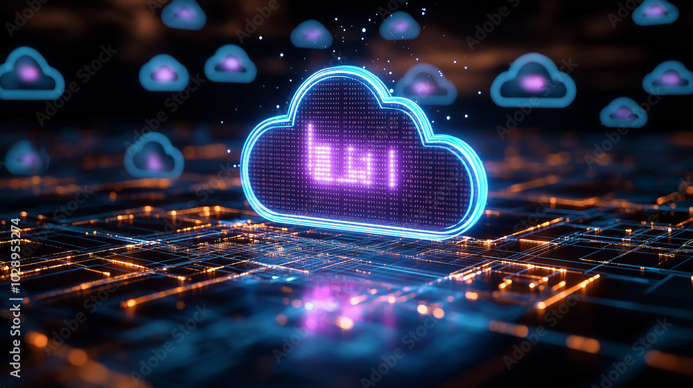 Poster cloud computing:digital informational technology web futuristic hologram with cloud icon, golden blu