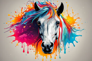illustration of horse face design and colorful liquid splashing on the abstract background.