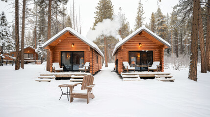 Cozy cabins in snowy winter landscape, surrounded by tall pine trees, create serene outdoor scene. smoke rising from chimneys adds warmth to chilly atmosphere