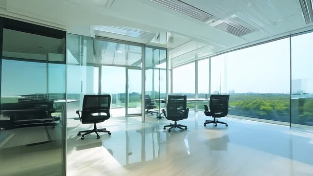 view of a empty modern office space with glass doors and windows, featuring natural light and bright colors., zoom in. 4K quality