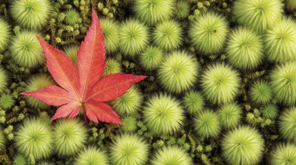 Close-up of a Red Maple Leaf on Green Moss