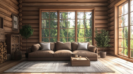 A cozy log cabin interior mockup showcasing a warm and inviting atmosphere.