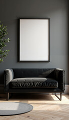 A black frame hangs above a black sofa in a dark, modern living room. Mockup frame on a wall