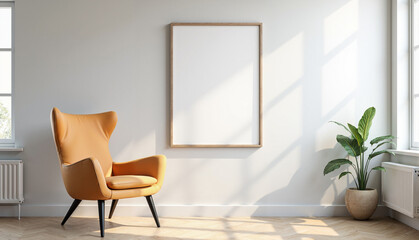 A modern living room with a blank frame on the wall, a yellow armchair, and a green plant. Mockup frame on a wall