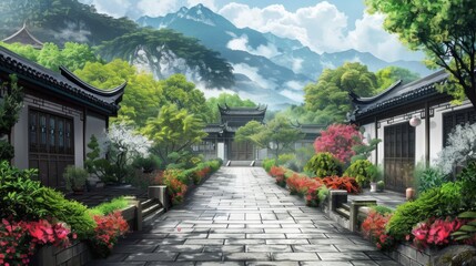 Obraz premium A serene courtyard with traditional architecture, vibrant red and pink flowers, and a large tree with red leaves. Sunlight filters through, creating a peaceful and picturesque scene.