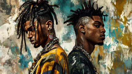 Obraz premium Dynamic Visualization of Two Hip-Hop Artists Showcasing Unique Style Against Abstract Textured Backdrop