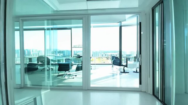 view of a empty modern office space with glass doors and windows, featuring natural light and bright colors., zoom in. 4K quality