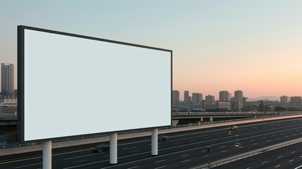 Urban Expressway Billboard Mockup: Prominent billboard along a busy urban expressway, displaying a large ad. Ideal for high-traffic visibility, day and night. High resolution Illustration, in the