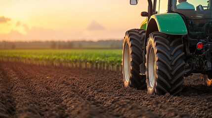 Obraz premium A close-up view of a tractor tire in freshly plowed soil, with a vibrant sunset in the background highlighting the agricultural landscape.