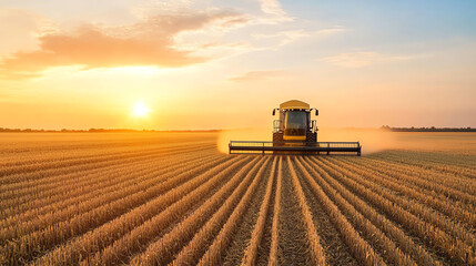 Fototapeta premium A combine harvester working in a golden wheat field at sunset, showcasing modern agriculture and labor in a picturesque rural landscape.