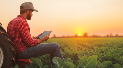 A farmer sitting on a tractor in a field during sunset, using a tablet to monitor crop progress, showcasing modern agriculture practices and technology integration.