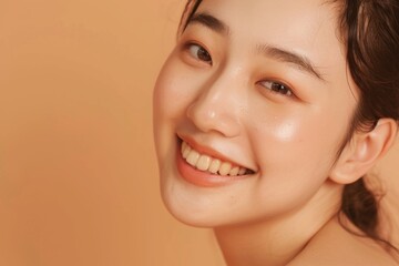 Obraz premium A woman with a bright smile is looking at the camera. She has a light skin tone and is wearing a ponytail