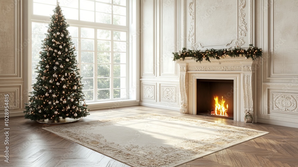 Fototapete Christmas tree standing beside a fireplace in an empty room with white rug in front. High-quality photography and photorealistic rendering capture the serene holiday setting.