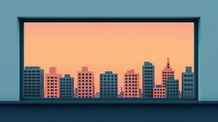 Urban Beauty: Look through the room window at a cityscape with grand, intricate buildings. The modern city's beauty shines, both in the daylight and under night lights. High resolution Illustration,