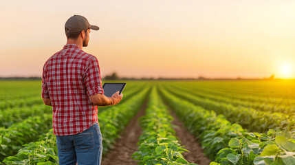 A farmer using a tablet in a vast green field during sunset, showcasing modern agriculture and technology integration in farming practices.