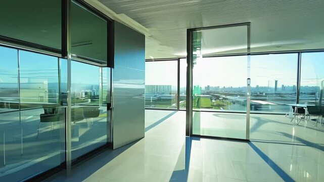 view of a empty modern office space with glass doors and windows, featuring natural light and bright colors., zoom in. 4K quality