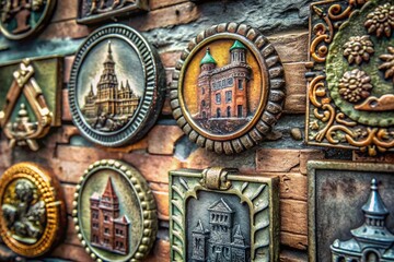 Grunge Badge Collection for Media Applications - Architectural Photography of Detailed Emblems and Tags