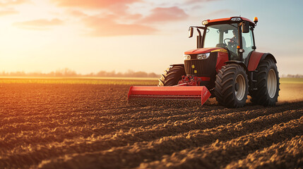 Fototapeta premium A red tractor plowing a field during sunset, capturing the essence of agricultural work and farm machinery in a rural landscape.