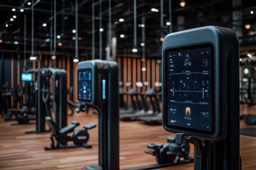 Modern fitness machines are lined up in a sleek gym, each equipped with digital displays, highlighting the intersection of technology and personal health in fitness spaces.