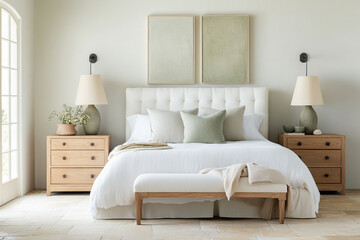A serene bedroom featuring white tufted bed with soft green accents, complemented by wooden nightstands and stylish lamps. natural light enhances calming atmosphere
