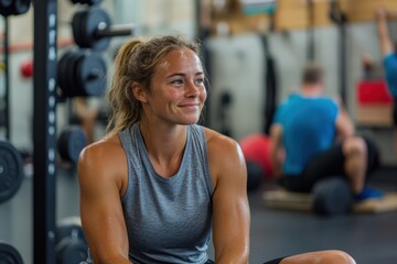 Fototapeta premium A joyful woman sits in a gym, smiling warmly after an intense workout session, surrounded by weights and fitness enthusiasts, showcasing dedication to health.