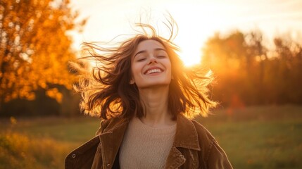 A young girl stands in a park, her hair dancing in the gentle breeze as she smiles brightly. The sun sets behind her, casting warm golden hues over the colorful autumn foliage.