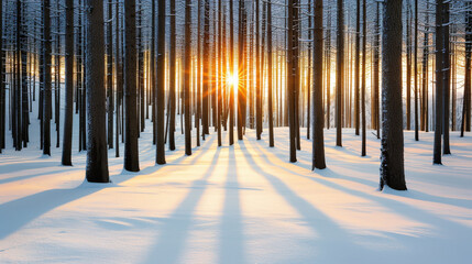 serene winter landscape featuring snow covered pine trees, with sunlight streaming through forest, casting long shadows on pristine snow. scene evokes sense of tranquility and beauty