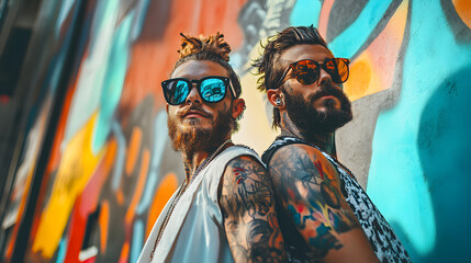 Obraz premium Vibrant Graphic Representation of Two Urban Performers in Lively Collaboration Surrounded by Colorful Graffiti