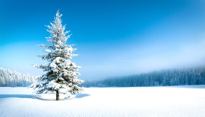 Fototapeta premium Tannenbaum einzeln in Schneelandschaft