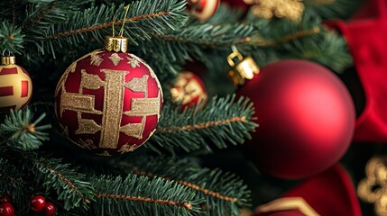 Fototapeta premium close-up of a Christmas tree adorned with traditional ornaments, featuring a striking red and gold letter 