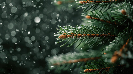 Sparkling snowflakes gently fall against backdrop of evergreen branches, creating serene winter scene filled with tranquility and beauty