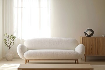 Minimalist, contemporary Scandinavian interiors in the living room with windows and white sofas and wood cabinet. Generative AI
