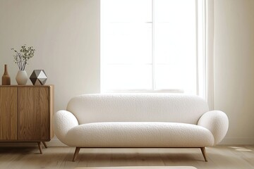 Fototapeta premium Minimalist, contemporary Scandinavian interiors in the living room with windows and white sofas and wood cabinet. Generative AI 