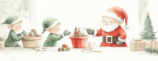 Santas workshop, elves making toys, holiday preparations, watercolor style