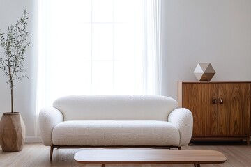 Fototapeta premium Minimalist, contemporary Scandinavian interiors in the living room with windows and white sofas and wood cabinet. Generative AI 
